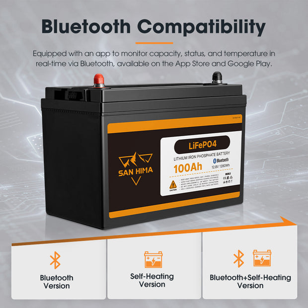 San Hima 12V 100Ah Lithium Iron Phosphate Battery LiFePO4 w/ Bluetooth Built-in BMS