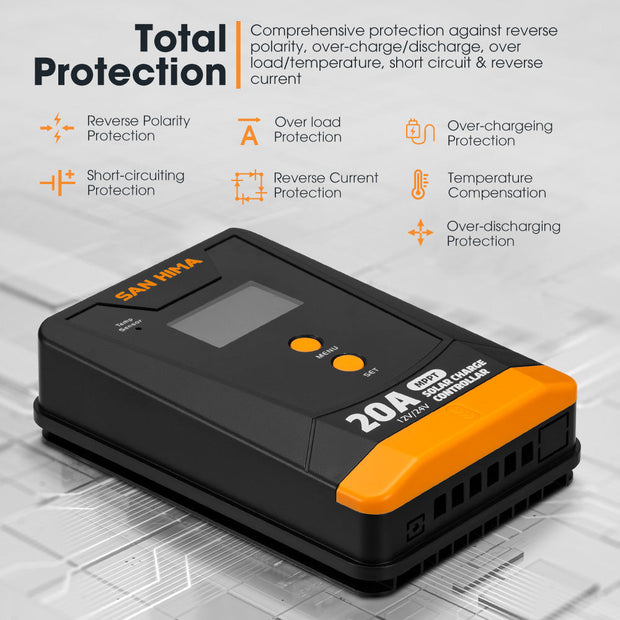 San Hima 20A MPPT Solar Charge Controller 12V 24V Inbuilt Bluetooth LCD Display