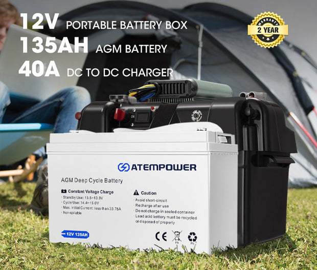 Atem Power 12V 135Ah AGM Deep Cycle Battery + 12V 40A DC to DC Battery Charger + Battery Box