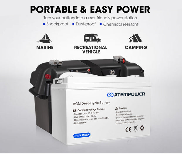 ATEM POWER 12V 135Ah AGM Deep Cycle Battery + 40A DC to DC Battery Charger + Battery Box