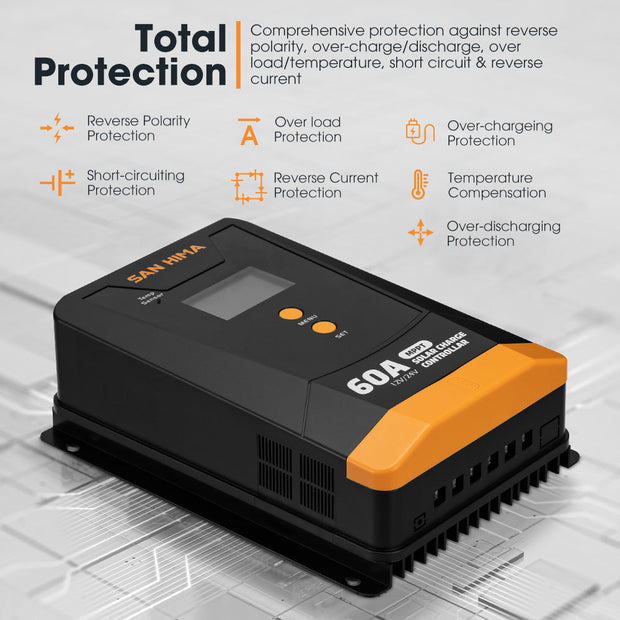 San Hima 60A MPPT Solar Charge Controller 12V 24V Inbuilt Bluetooth LCD Display