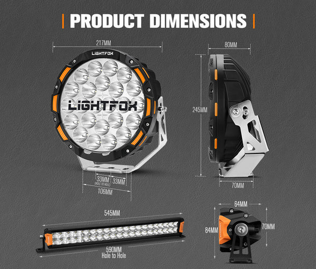 Lightfox OSRAM 9 inch LED Driving Lights + 20 inch Dual Row LED Light Bar + Wiring Kit