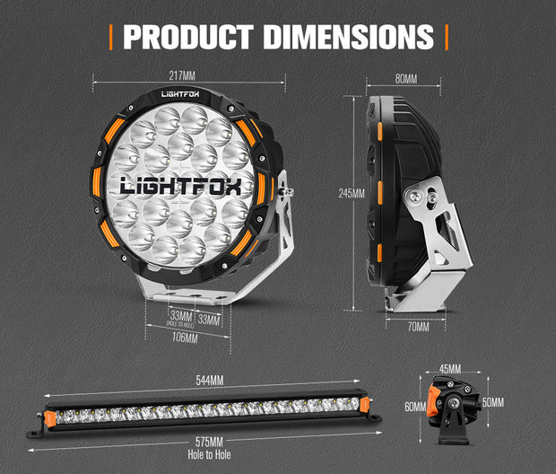 LIGHTFOX OSRAM 9" LED Driving Lights + 20" Single Row LED Light Bar + Wiring Kit