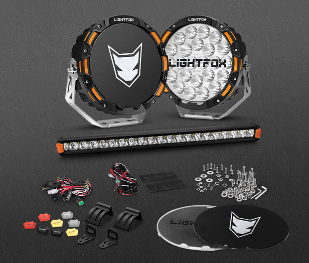 Lightfox OSRAM 9 inch LED Driving Lights + 20 inch Single Row LED Light Bar + Wiring Kit