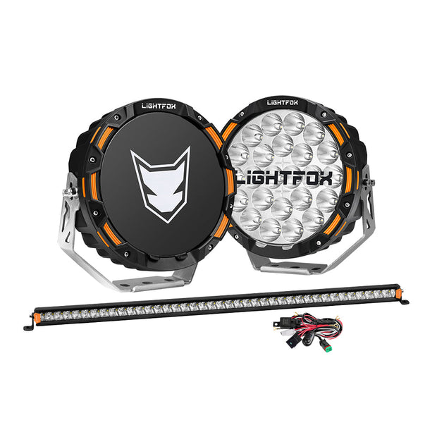 LIGHTFOX OSRAM 9" LED Driving Lights + 40" Single Row LED Light Bar + Wiring Kit