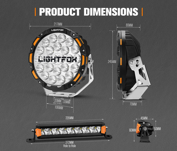 LIGHTFOX OSRAM 9" LED Driving Lights + 8inch LED Light Pods + Wiring Kit