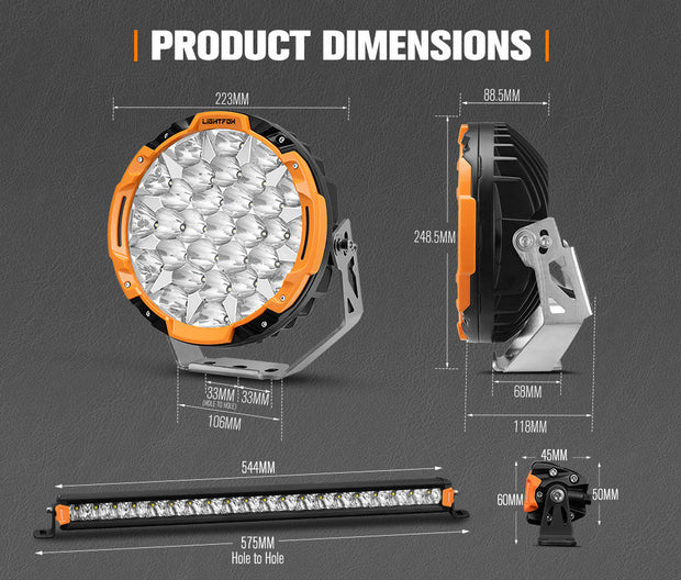 Lightfox 9 inch Osram LED Driving Lights + 20 inch Single Row LED Light Bar + Wiring Kit