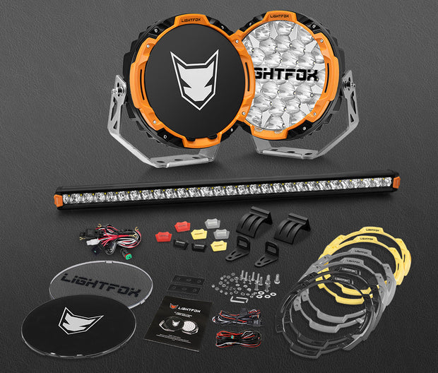 Lightfox 9 inch Osram LED Driving Lights + 28 inch Single Row LED Light Bar + Wiring Kit