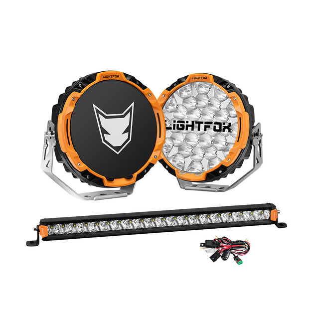 Lightfox 9 inch Osram LED Driving Lights + 20 inch Single Row LED Light Bar + Wiring Kit