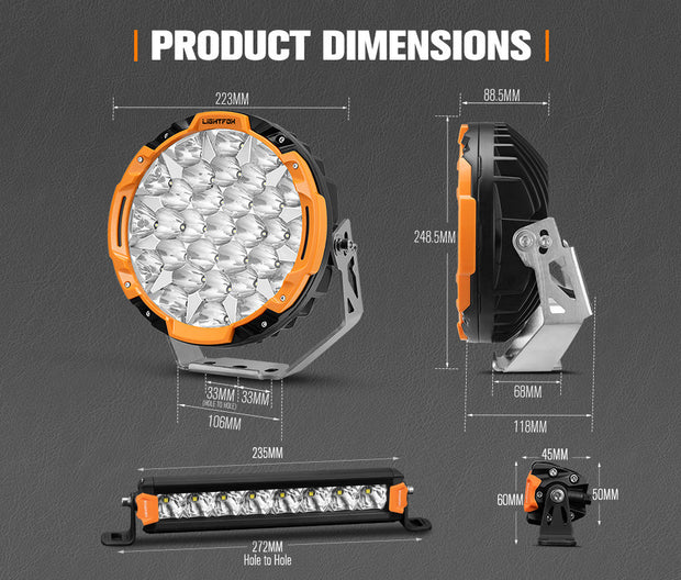 Lightfox 9 inch Osram LED Driving Lights + 8inch LED Light Pods + Wiring Kit