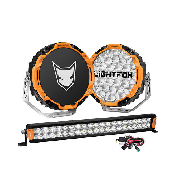 Lightfox 9 inch Osram LED Driving Lights + 20 inch Dual Row LED Light Bar + Wiring Kit