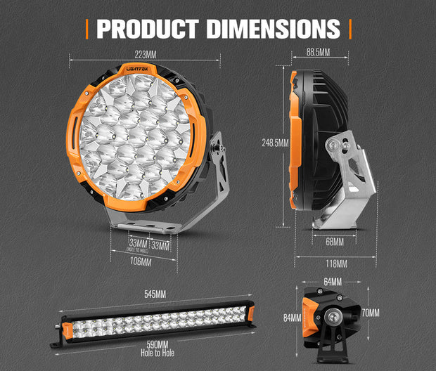 Lightfox 9 inch Osram LED Driving Lights + 20 inch Dual Row LED Light Bar + Wiring Kit