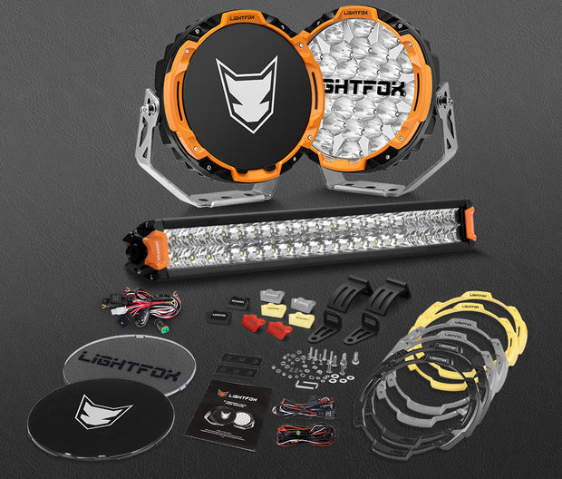 Lightfox 9 inch Osram LED Driving Lights + 20 inch Dual Row LED Light Bar + Wiring Kit
