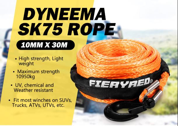 Winch Rope 10MM X 30M Synthetic Dyneema Sk75 Hook Car Tow Recovery Cable