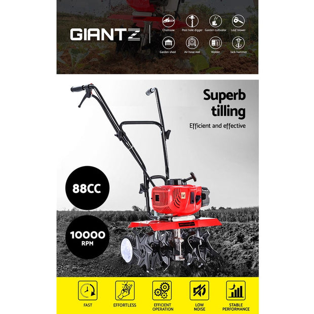 88CC Petrol Garden Tiller & Cultivator – 6-Blade Rotary Hoe, 10,000RPM Power