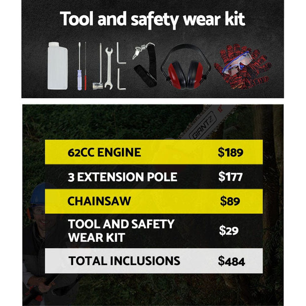 62CC Pole Chainsaw 12in Chain Saw Petrol 4.3m Long Reach