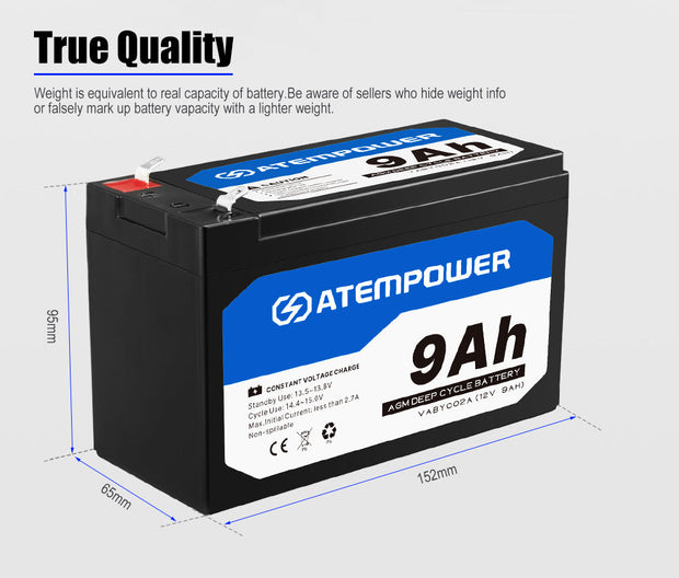Atem Power 12V 9AH AGM Battery AMP Lead Acid SLA Deep Cycle Battery