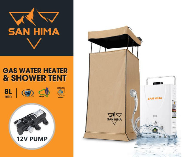 San Hima Camping Shower Tent Awning Fold-Out Instant Ensuite + 8L Gas Hot Water Heater