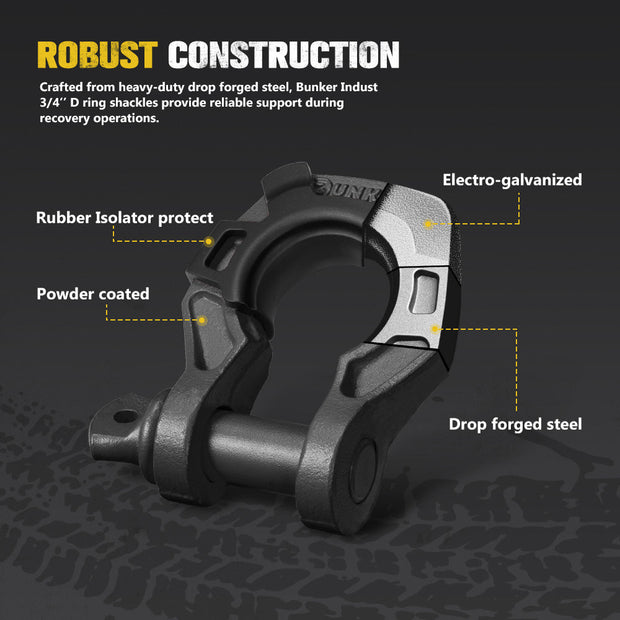 Bunker Indust Pair Bow Shackle 4.75Ton Rated 3/4” D-Ring with Isolator Black