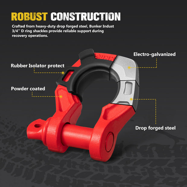 Bunker Indust Pair Bow Shackle 4.75Ton Rated 3/4” D-Ring with Isolator Red