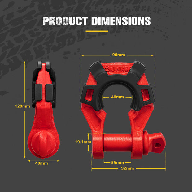 Bunker Indust Pair Bow Shackle 4.75Ton Rated 3/4” D-Ring with Isolator Red