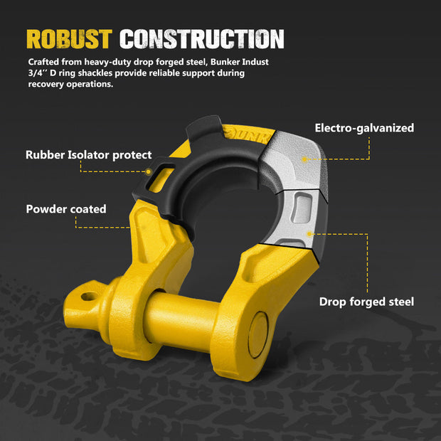 Bunker Indust Pair Bow Shackle 4.75Ton Rated 3/4” D-Ring with Isolator Yellow