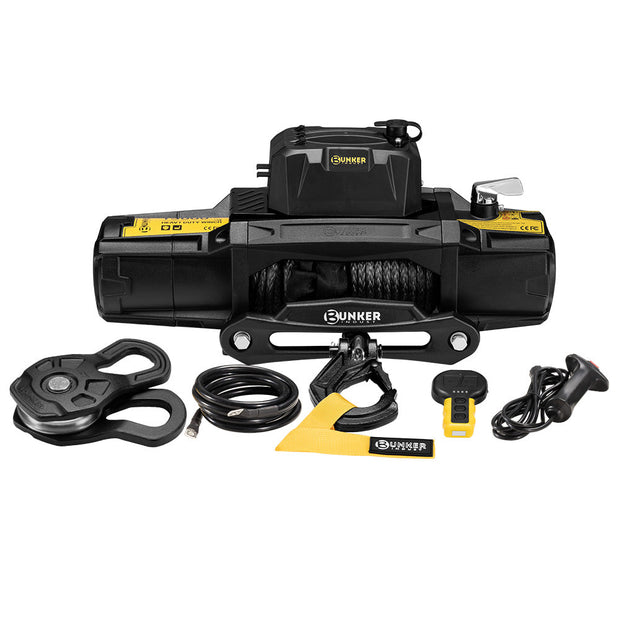 Bunker Indust 12V Electric Winch 13000LBS/5897KGS Synthetic Rope w/ Snatch Block