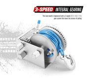 Hand Winch 2000KG/4410LBS 3 Speed Dyneema Synthetic Rope 10M