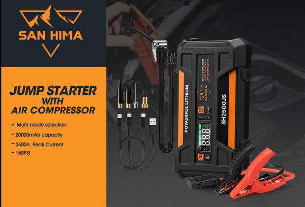 San Hima Jump Starter with Air Compressor 2500A Portable 12V Power Bank Pack