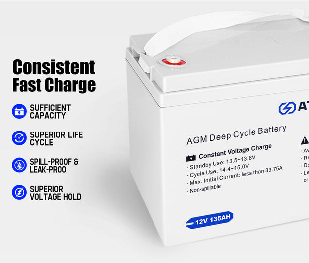 Atem Power 135Ah 12V AGM Deep Cycle Battery Portable + 12V Battery Box Type C