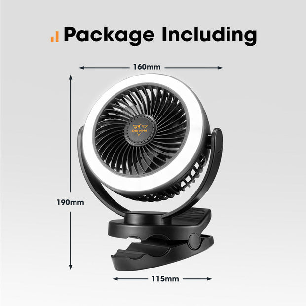 San Hima 10000mAh Portable Camping Fan Rechargeable Clip On Fan With LED Light