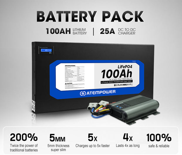 Atem Power 12V 100Ah Slimline Lithium Battery + 12V 25A DC to DC Battery Charger