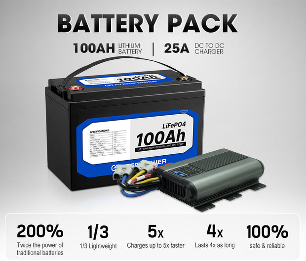 Atem Power 100AH 12V LiFePO4 Lithium Battery + 12V 25A DC to DC Battery Charger