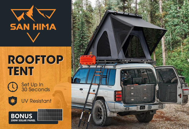 San Hima Kalbarri Roof Top Tent Hardshell W/ Ladder Grey Black + 200W Solar Panel