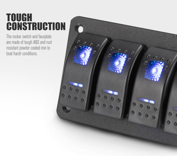 LIGHTFOX 6 Gang 12V Switch Panel ON-OFF Toggle Rocker Control Blue LED