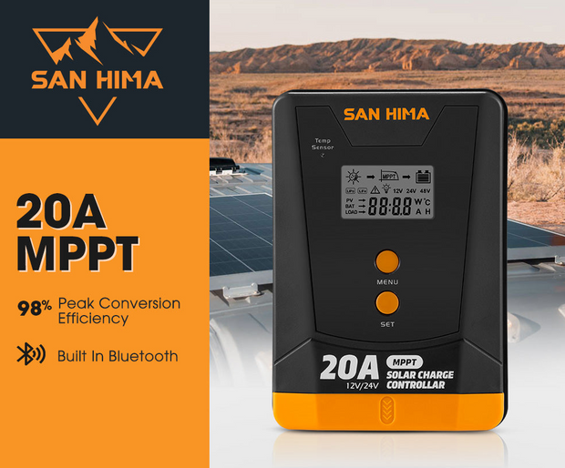 San Hima 20A MPPT Solar Charge Controller 12V 24V Inbuilt Bluetooth LCD Display