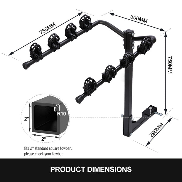 4 Bicycle Carrier Bike Car Rear Rack 2" Towbar Steel Foldable Hitch Mount