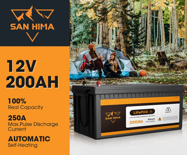San Hima 12V 200Ah Lithium Iron Phosphate Battery LiFePO4 w/ Bluetooth & Self-heating Function