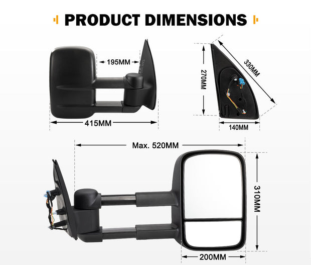 San Hima Pair Extendable Towing Mirrors For Volkswagen Amarok 2009-On