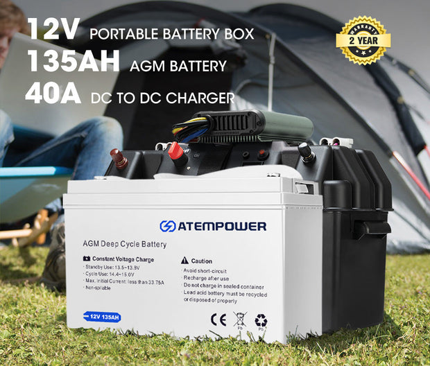 ATEM POWER 12V 135Ah AGM Deep Cycle Battery + 40A DC to DC Battery Charger + Battery Box