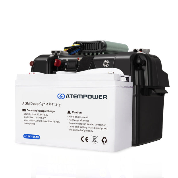 ATEM POWER 12V 135Ah AGM Deep Cycle Battery + 40A DC to DC Battery Charger + Battery Box