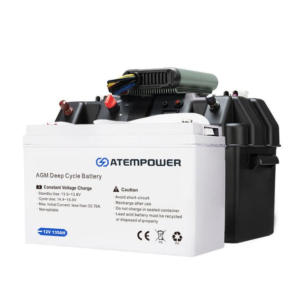 ATEM POWER 12V 135Ah AGM Deep Cycle Battery + 40A DC to DC Battery Charger + Battery Box