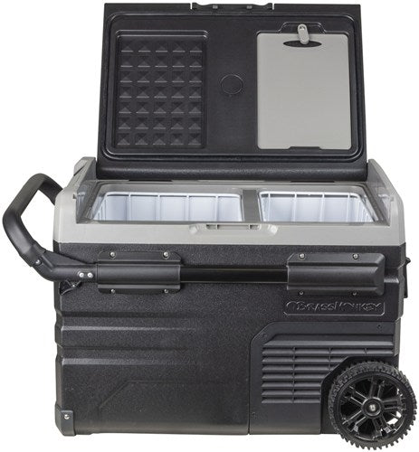 35L Brass Monkey Portable Dual Zone Fridge and Freezer with Solar Charger Board plus Handles + Wheels and Support Removable Battery