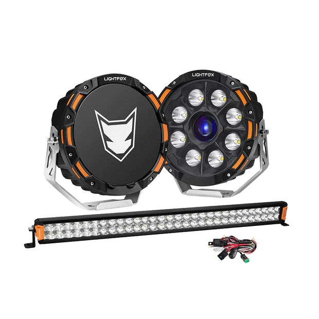 LIGHTFOX 9" Osram Laser LED Driving Lights + 30" LED Light Bar + Wiring Kit