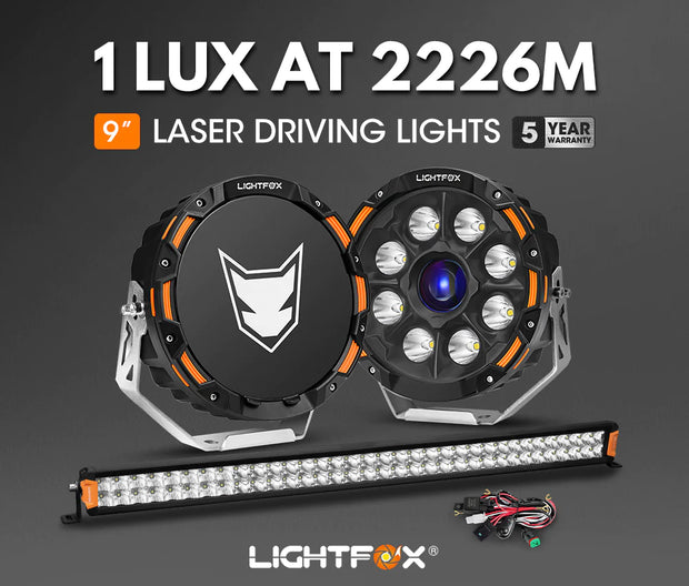 LIGHTFOX 9" Osram Laser LED Driving Lights + 40" LED Dual Row Light Bar + Wiring Kit