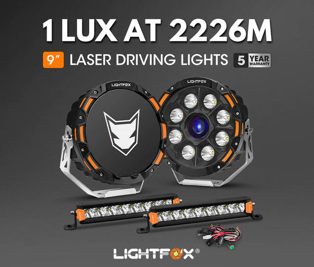 LIGHTFOX 9" Osram Laser LED Driving Lights + 8inch LED Light Pods + Wiring Kit