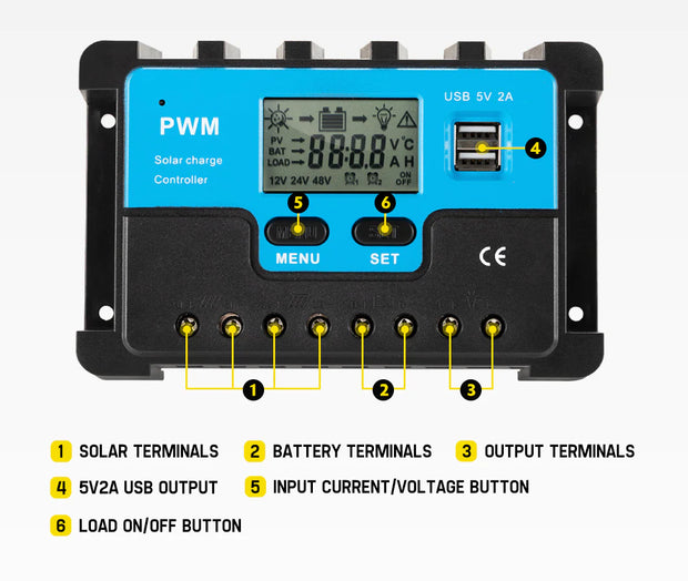 30A PWM Solar Charge Controller 12/24V Auto USB LCD