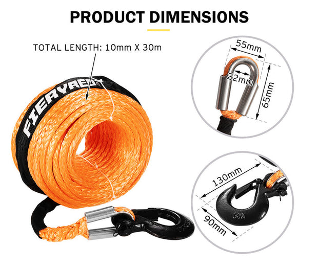 Winch Rope 10MM X 30M Synthetic Dyneema Sk75 Hook Car Tow Recovery Cable